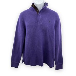 Mens Polo Ralph Lauren Sweater Collar Button Leather Elbow/Neck Purple Size M